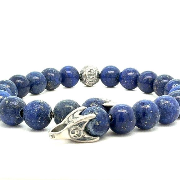 David Yurman Lapis Lazuli Carved Beads Bracelet 8.5" 8 mm Silver Estate DY594 - Picture 4 of 5